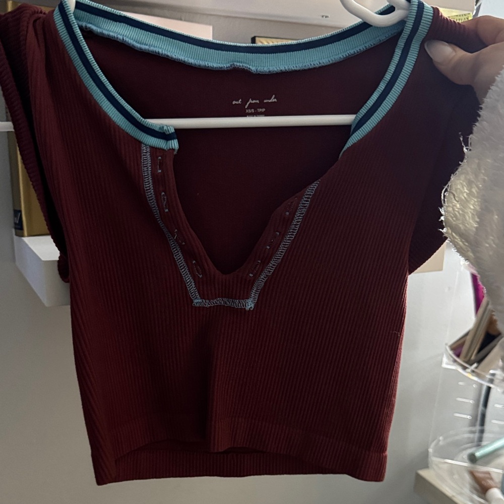 Urban Outfitters Women's Burgundy Ribbed Top with Blue Trim